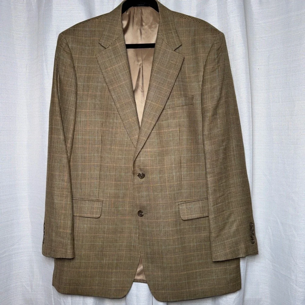 Lauren Ralph Lauren Mens 44L Silk Wool Glen Plaid Blazer Sport Coat Brown Tan